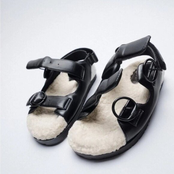 Zara Faux Leather Sherpa Buckle Sandals Chic Cozy Neutral Chunky Black White - Picture 2 of 12